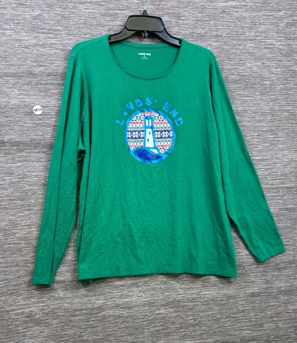 Land's End Kelly Green Lighthouse Sleep Casual Shirt Loungewear Winter Size 2X